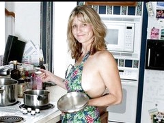 Nice-looking housewife spreads her fur pie with a wooden spoon